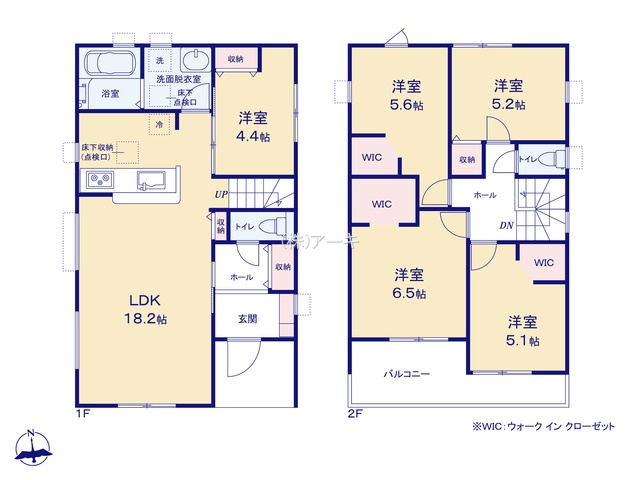 高浜市呉竹町7丁目7-14の間取り|　3号棟　1F:LDK18.2帖に隣接する洋室4.4帖はお子様の遊び場・奥様の家事室に便利♪ホール収納♪2F:洋室6.5帖・洋室5.6帖・洋室5.1帖　WIC設置！洋室5.2帖　CL設置！南面バルコニ
