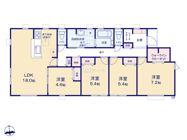 高浜市呉竹町7丁目7-14『仲介手数料無料』新築一戸建て・建売の間取り|　4号棟　平屋建て　LDK16帖に隣接する洋室4.6帖はお子様の遊び場・奥様の家事室に便利♪ゆとりの洗面室♪ホール収納♪洋室7.2帖　WIC設置！洋室5.4帖・洋室5.4帖　CL設置！シューズクローク