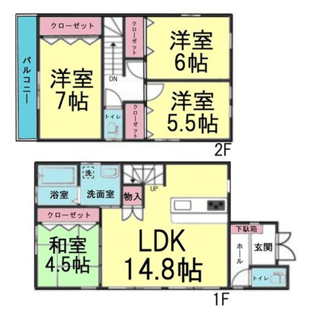 明石市魚住町西岡の間取り|4LDKのファミリー向け♪対面キッチン♪14.8帖リビングの横に和室4.5帖、二階洋室7帖、6帖、5.5帖各部屋クローゼット付き♪
