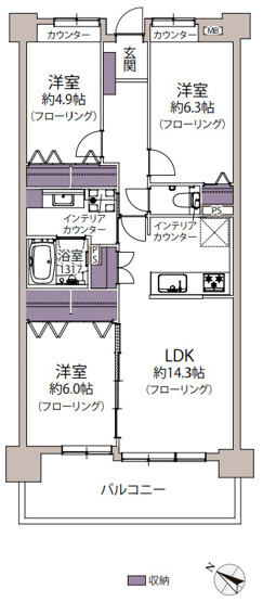 【間取り】 | シティパル白木原 | ８月に全面リフォーム済みで気持ちよく新生活を始められます。南西向きの明るい３LDKです