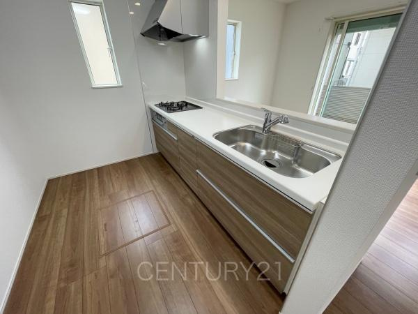 前橋市北代田町A号棟のキッチン|シンクも大きく洗い物もしやすい浄水器付。シャワーヘッドは引き出し可能、シンクの隅々まで洗い流せます。