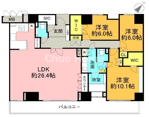 アップルタワー東京キャナルコートの間取り|41階部分・南東向きにつきまして日当り・通風・眺望良好。専有面積：130.07㎡・3LDK。