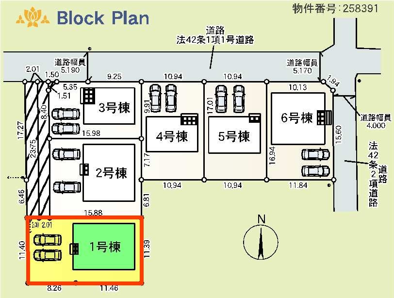 新築　高崎市箕郷町白川第2　クレイドルガーデン　１号棟の区画図|1号棟　区画図　北側接道幅員約5.1ｍ
