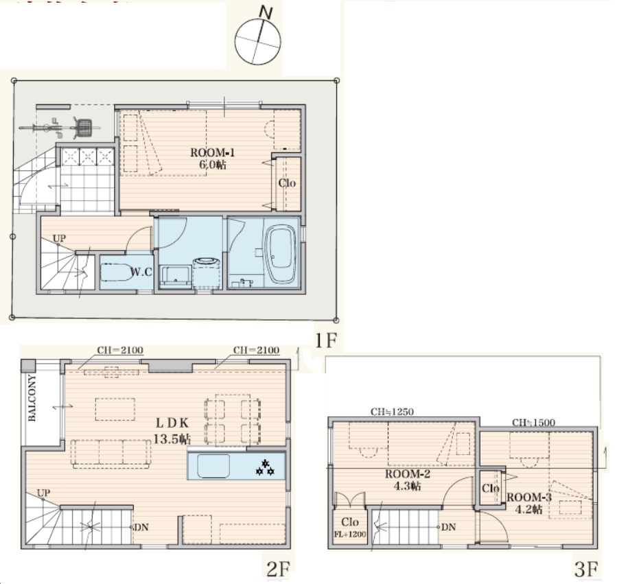世田谷区上祖師谷　建築条件付売地の土地図＋建物プラン例|LDK13.5帖以上の3LDK　延床面積；66.30㎡　建物参考価格；1580万円