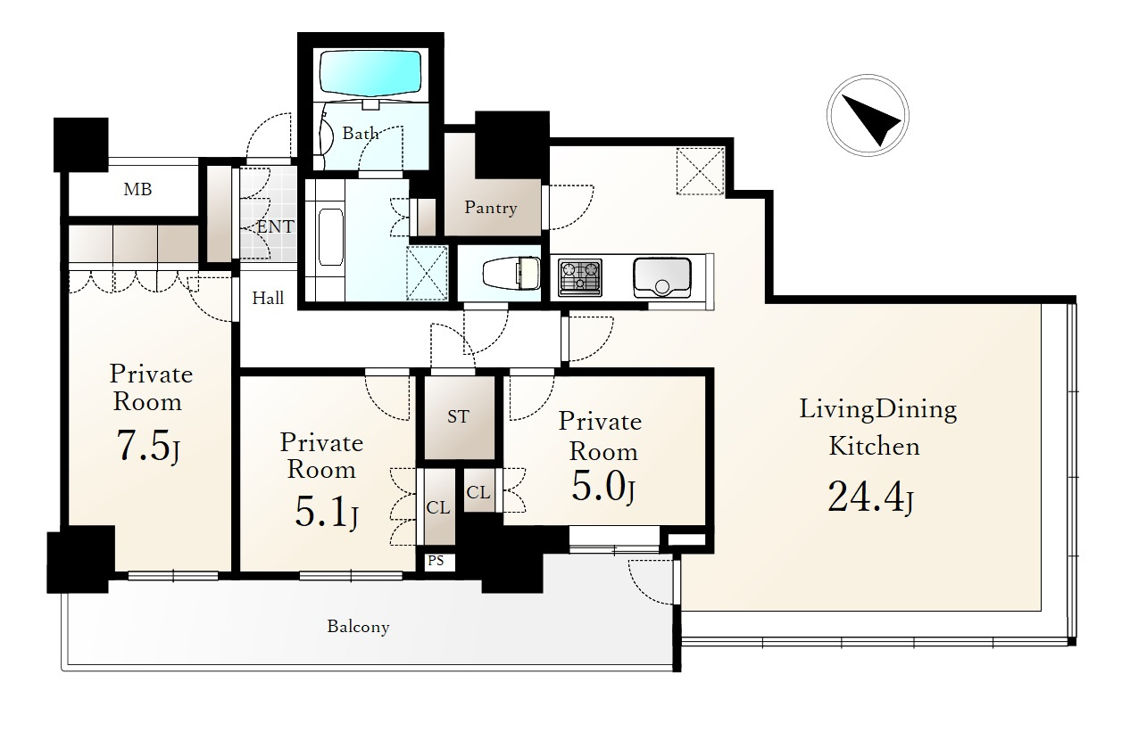 プラウドタワー石神井公園の間取り|南向きの角住戸
陽当たり通風良好です
LDKは24帖超の開放感
南西側に面したワイドバルコニーも魅力的です