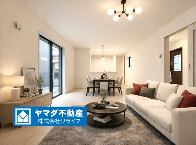 リーブルガーデン　岐阜市手力町第２　全２区画分譲の居間・リビング|（※家具照明はCGによるイメージ）明るい日差しをふんだんに取り込んだリビングダイニングは家族の笑顔につつまれます！
一建設の家は精度が高く丈夫な工法を採用し、「住宅トップランナー基準」に対応しています