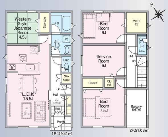 三郷市戸ケ崎3丁目　新築戸建　全7棟　3号棟の間取り|マルチに使える1階に和室完備・2階に6帖のサービスルーム付