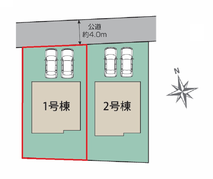 ブルーミングガーデン  水戸市千波町　4期　1の前面道路含む現地写真|前面道路幅4メートル。2台並列駐車可能です。気になる他の物件と合わせての現地ご案内も可能です。HPから、またお電話でも、お気軽にお問い合わせください。