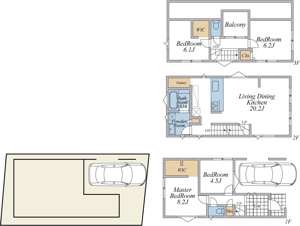 【土地図＋建物プラン例】 | LDK20帖+主寝室8帖+2WIC+車庫付4LDKプラン（建物面積113.27平米、建物価格3380万円）