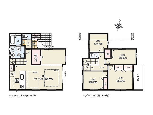 【間取り】 | 富士見市上沢2丁目　新築一戸建住宅　全1棟　(ふじみ野店) | 続き間と合わせ、広々としたリビングでおくつろぎいただけます！
WICや土間収納等、収納充実で暮らしやすいお住まいです。