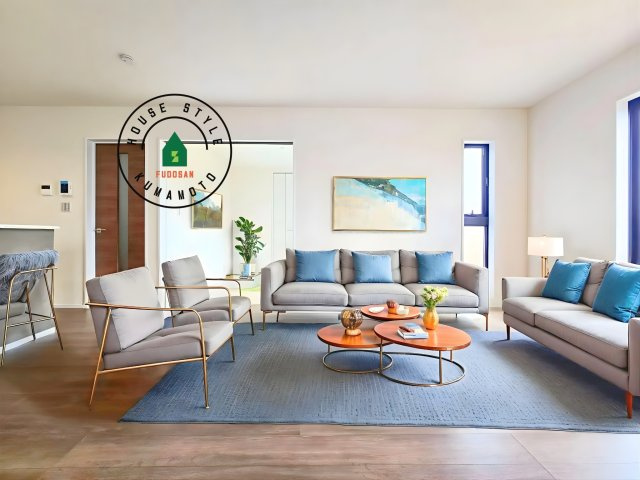 上益城郡益城町広崎第4-2棟(2号棟)の居間・リビング|明るく開放的なリビングダイニングは豊かな陽光が注ぎ込み、やすらぎの空間を演出してくれます。ご家族で楽しいひとときをお過ごし下さい。※家具はCGを合成したものです。