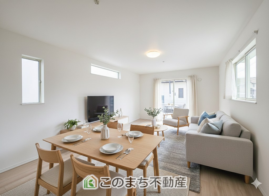 ハートフルタウン宇都宮市今泉町2541番の居間・リビング|家具・什器・調度品・植栽・カーテンなどはCG加工しております。販売価格には含まれません。