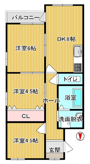 【間取り】 | 太平パシフィック桑津 | 三方角住戸！【全洋室3DK＋南向きバルコニー☆】室内全面リフォーム済み☆モニターホン完備です☆