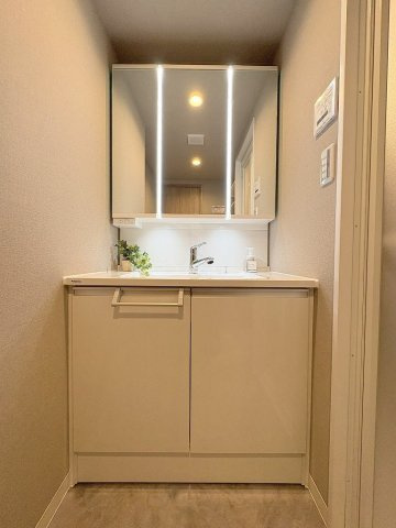 エフローレ新三郷216の独立洗面台|三面鏡付きシャワードレッサーで朝の準備も快適