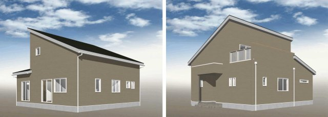 ガーデンコート宝積寺　全3区画の外観パース|【34N5.0a サンテラス・2階テラスプラン】
個性的でモダンな印象を与えるデザインの片流れ屋根（かたながれやね）が特徴です。
雨水の排水効率が良く機能的です。
※外壁の割付・目地はイメージです。