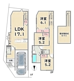 【土地図＋建物プラン例】 | 右京区太秦一ノ井町　建築条件付 | 《2階建てプラン》建物価格：1699万円　延床面積：82.62平米（1F:35.84平米　2F:46.78平米）