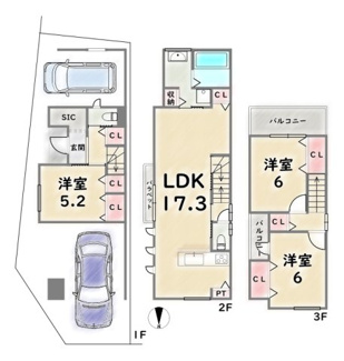 【土地図＋建物プラン例】 | 右京区太秦一ノ井町　建築条件付 | 《駐車2台プラン》建物価格：2199万円　延床面積：87.22平米（1F:19.98平米　2F:40.91平米　3F:26.33平米）