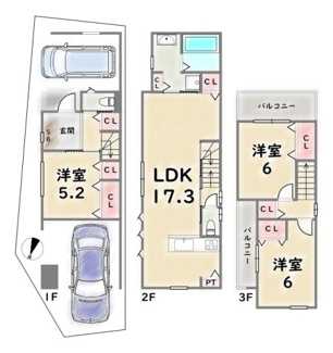 【土地図＋建物プラン例】 | 右京区太秦一ノ井町　建築条件付 | 《参考プランB》建物価格：1899万円　延床面積：87.22平米（1F:19.98平米　2F:40.91平米　3F:26.33平米）