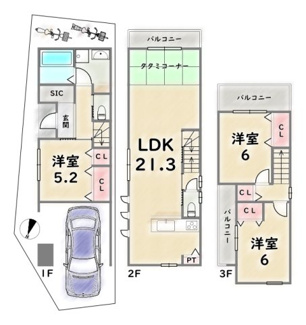 【土地図＋建物プラン例】 | 右京区太秦一ノ井町　建築条件付 | 《参考プランB》建物価格：2199万円　延床面積：91.68平米（1F:26.46平米　2F:38.89平米　3F:26.33平米）