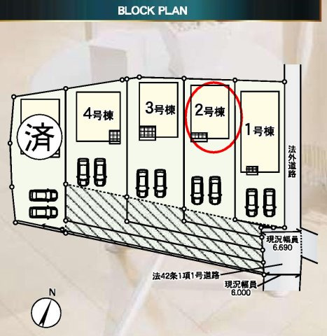 クレイドルガーデン前橋市下細井町第10-1　2号棟の区画図|駐車場2台以上ご用意しています！
並列駐車なので、車の出し入れもしやすいですよ！