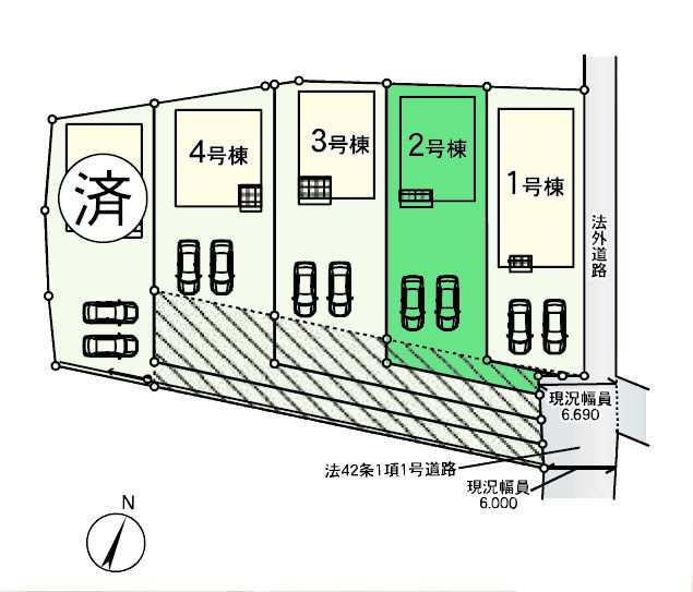 【区画図】 | クレイドルガーデン前橋市下細井町第10-1期ー② | 鎌倉中学校まで徒歩8分！
前面通路は居住者のみが使う道なので安心♪