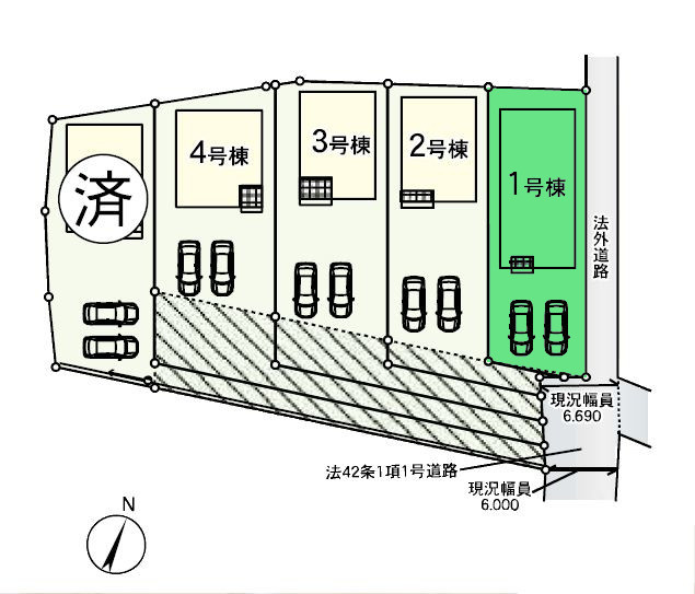 【区画図】 | クレイドルガーデン前橋市下細井町第10-1期ー① | 鎌倉中学校まで徒歩8分！
前面通路は居住者のみが使う道なので安心♪