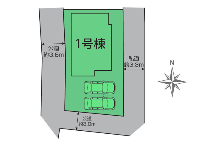 【区画図】 | ブルーミングガーデン高崎市倉賀野町2期ー① | 南接道に面した三方角地に建つ1棟！
カースペースは並列2台駐車可能！