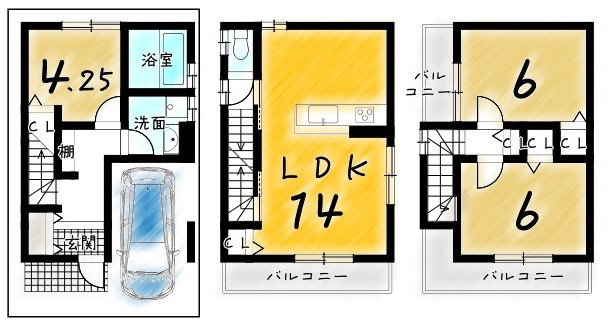 右・梅津上田町の参考プラン|建物価格１８００万円、参考プラン８４．２１㎡（駐車場部分８．８８㎡含む）