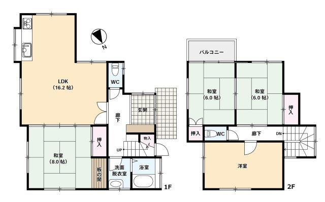 床面積：102.50平米　4LDKの間取りです。LDK16.2帖　和室8畳・6畳×2　洋室がございます。