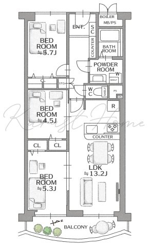 ネオコーポラス島ノ内B棟　3階の間取り