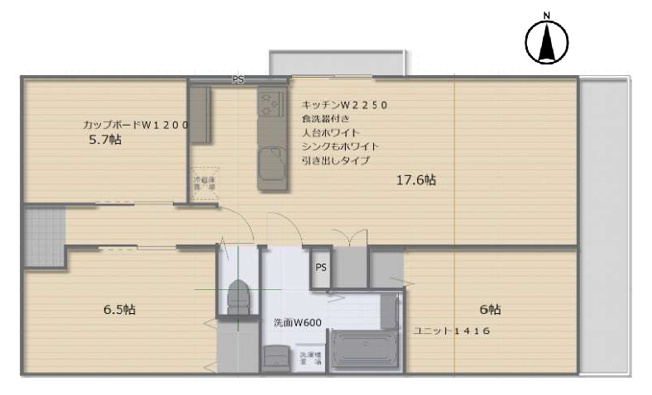 【間取り】 | コスモハイツ小阪 | 【角住戸！全洋室♪LDKゆったり約17.6帖！室内水廻り設備一新！建具新調、全面リフォーム済み☆食洗機・バス追炊機能・浴室乾燥機完備☆キッチンカップボード付きです♪】