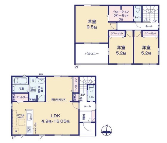 新築　渋川市石原1期　2号棟の間取り|建物面積107.12㎡　広々20.9帖のLDK・全居室南向きで日当たり良好！パントリー・3帖ウォークインクローゼット・各部屋収納付き！インナーバルコニーは突然の雨でもお洗濯物も安心♪
							
