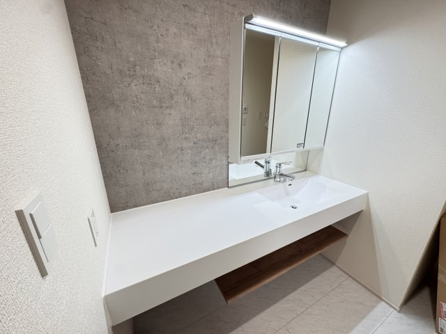 ブルーミングガーデン前橋市下新田町（平屋）の独立洗面台|スタイリッシュな洗面台です。シャワー水栓付き洗面台で朝の身支度もバッチリです！
洗面台には収納スペースもあり洗面室もすっきり片付きます。