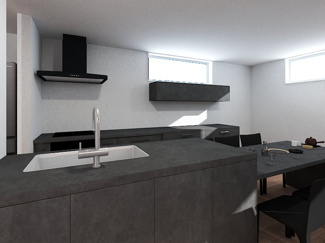 【完成予想図】 | ガーデンヒルズ内野5 | シンクの横にダイニングテーブルを配置。家事動線を最小限にできます。