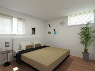 【完成予想図】 | ガーデンヒルズ内野5 | ハイサイドライト（髙窓）を配置することにより、プライバシーを確保しながら自然光に包まれる、心地よさと安心感のある寝室です。