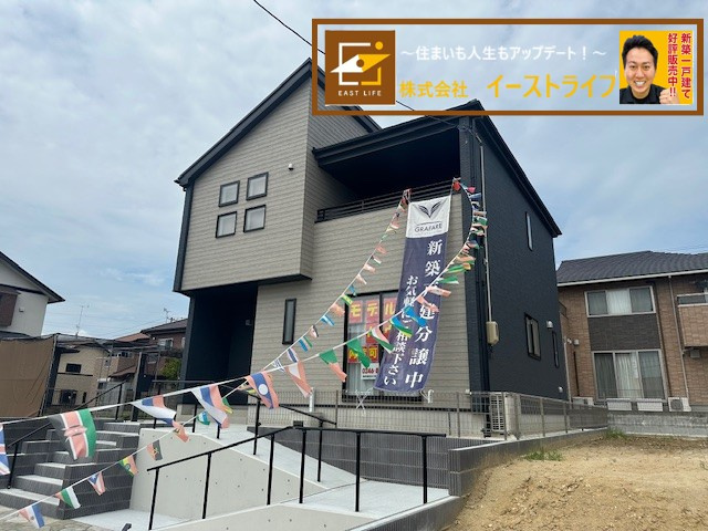 【新築戸建】　いわき市泉もえぎ台3期の外観|1号棟モデルハウス　当社はお客様に末永く満足していただきたい思いから、ご購入後のアフターフォローにも力を入れております。何なりとご相談ください。 担当：梶田