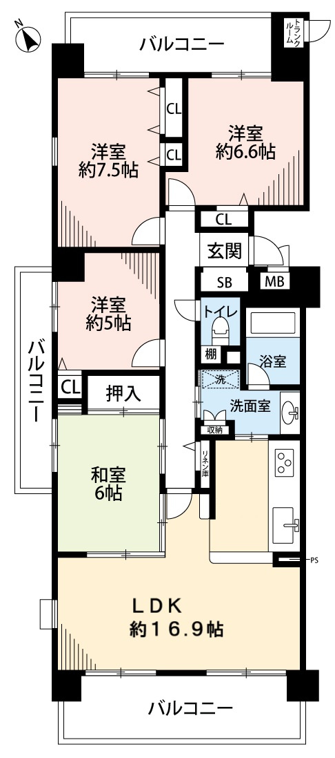 ランディア桃花台1番館の間取り|専有面積約91.28㎡・4LDK。3面バルコニー・すべての居室にバルコニーあり。