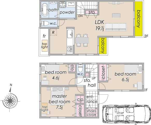 宅地分譲［大田区久が原５丁目］の完成予想図|【建物参考プラン例】
３ＬＤＫ＋シューズクローク＋カースペース
建物面積／87.77㎡（26.55坪）※備蓄倉庫部分0.82㎡含む