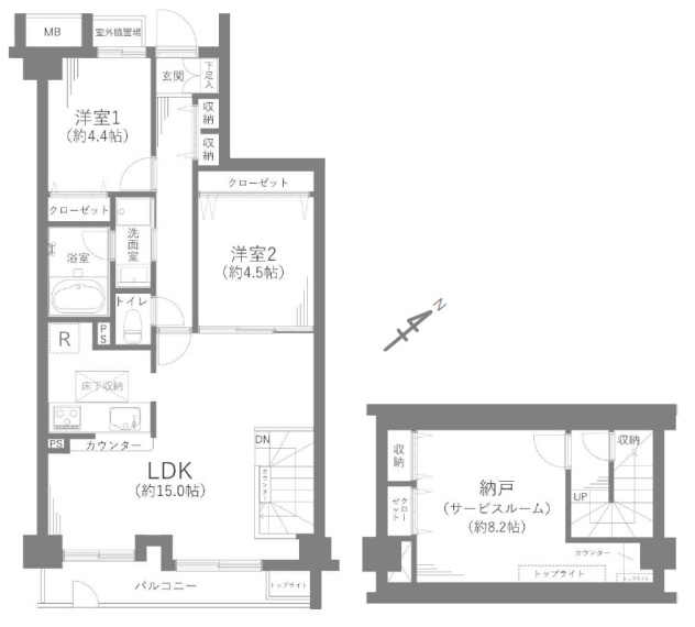 リーベスト立川錦町Ⅱの間取り|【間取り】
2LDK+S（納戸）、価格4590万円、専有面積80.08m2、バルコニー面積10.77m2