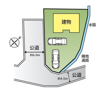 【区画図】 | 甲府市下向山町 平成5年築 内外装一新 南東角地 車2台 | 南側の角地で日当り良好な区画