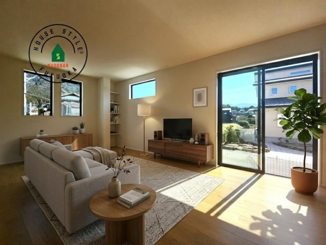 糟屋郡須恵町上須恵第25-2棟（4号棟）の内観：施工例|明るく開放的なリビングダイニングは豊かな陽光が注ぎ込み、やすらぎの空間を演出してくれます。ご家族で楽しいひとときをお過ごし下さい。※家具はCGを合成したものです。