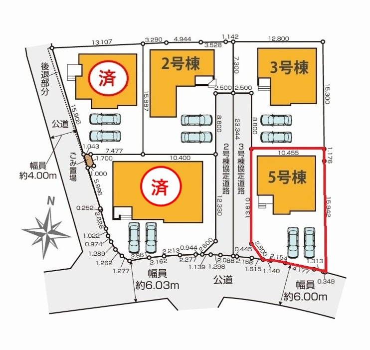 Grace　日立市大久保　1期 　5の区画図|前面道路幅約6メートル、南道路で日当たり良好！気になる他の物件と合わせての現地ご案内も可能です。HPから、またお電話でも、お気軽にお問い合わせください。

