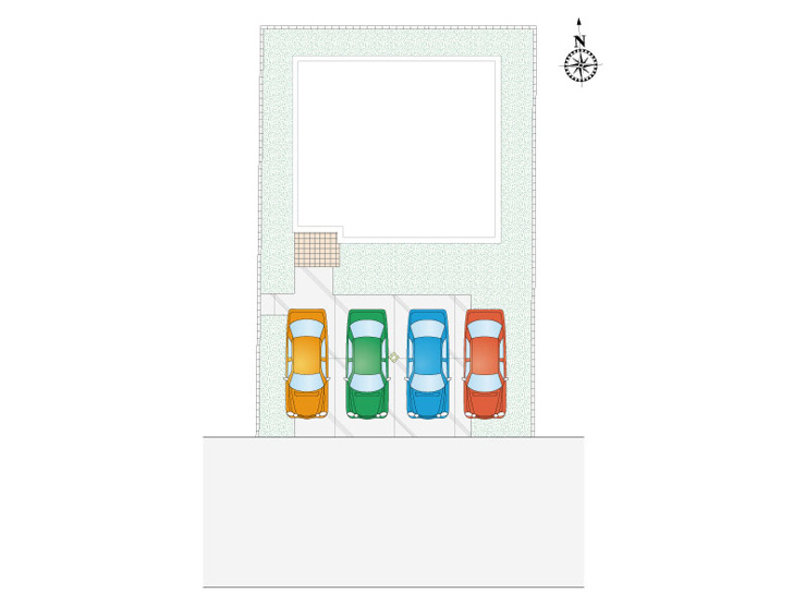 【3号棟:区画図】駐車４台可能。広々とした駐車スペースは、ゆとりがあり来客時も便利。前面道路も広く、車の出し入れもスムーズです。