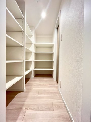 【収納】 | 野中北スカイハイツ | 廊下に可動棚付きの納戸あり！ご家族での共有が可能で、ティッシュペーパーなど日用品のストック収納にも便利。キッチンからも出入りが可能です。