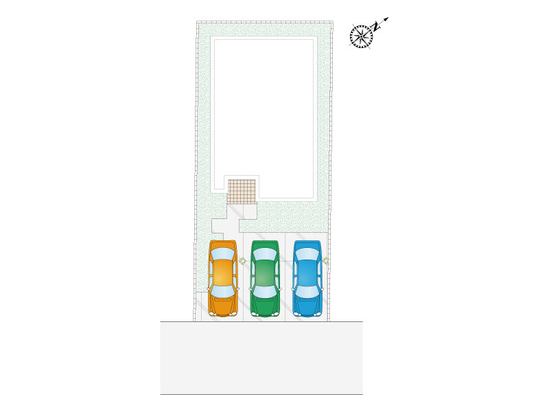 【4号棟：区画図・駐車場配置図】並列3台駐車可能です！周辺道路は交通量が少ない為、お子様のいらっしゃるご家庭でも安心です。