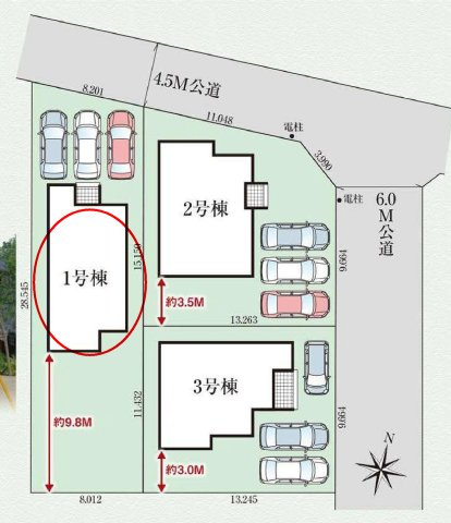 グラファーレ前橋市関根町　1号棟の区画図|駐車場３台ご用意しています！
並列駐車なので、車の出し入れもしやすいですよ！