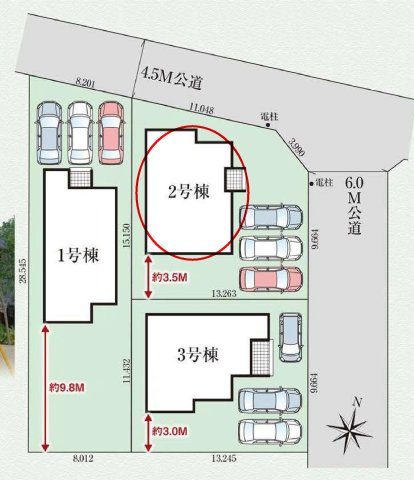 グラファーレ前橋市関根町　2号棟の区画図|駐車場３台ご用意しています！
並列駐車なので、車の出し入れもしやすいですよ！