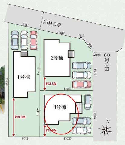 グラファーレ前橋市関根町　3号棟の区画図|駐車場３台ご用意しています！
並列駐車なので、車の出し入れもしやすいですよ！