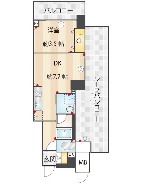 ZOOM下丸子の間取り|ルーフバルコニー付きの1DK