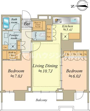 西向き、2LDKタイプ。全ての居室がバルコニーに面した人気の間取りです。